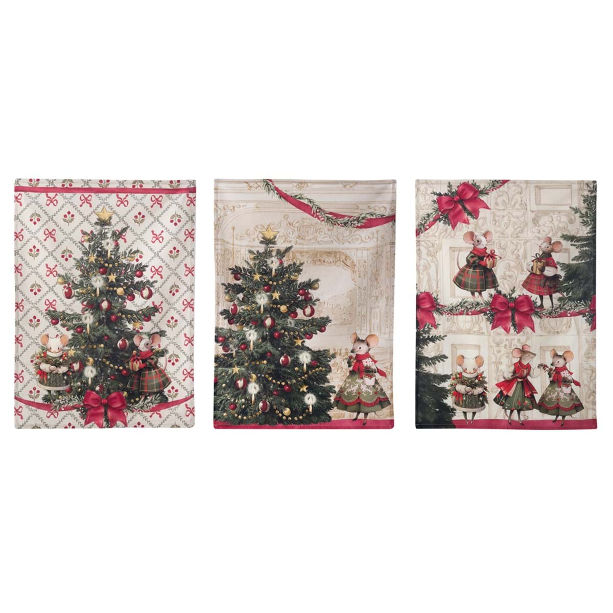 Piccola shopper natalizia c/3 canovacci in cotone assortiti - Collezione Favola di Natale 2025 - 50x70 cm - Blanc Mariclo